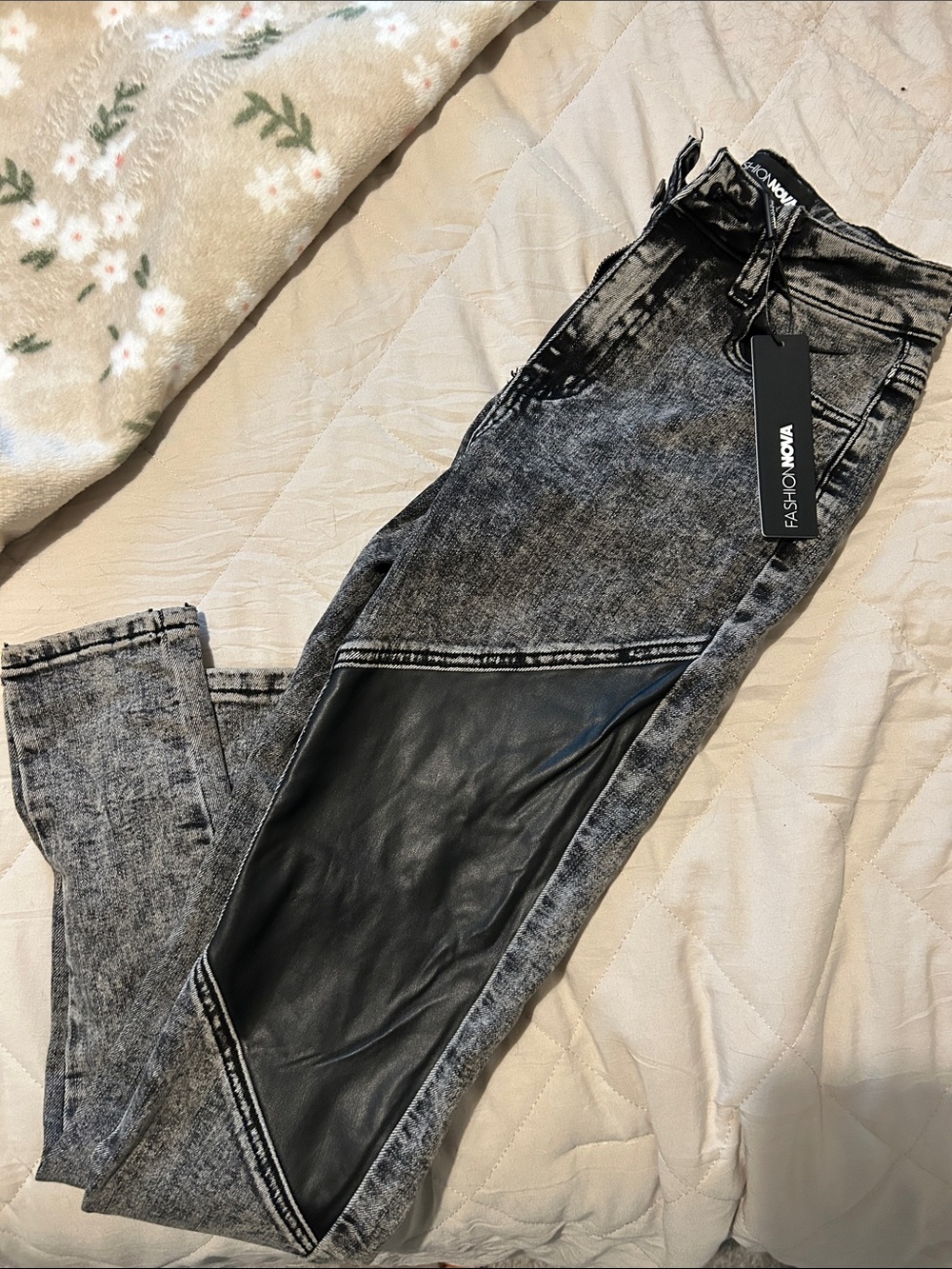 Fashion Nova Women's Black Acid-Wash Jeans with Faux Leather NWT
